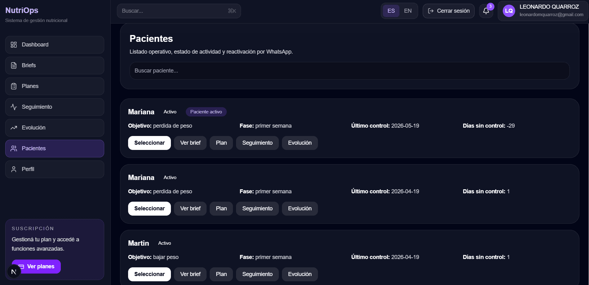Gestión de pacientes en NutriOps